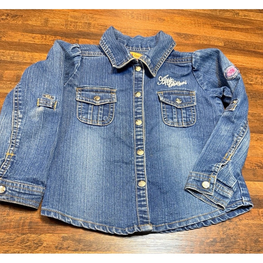 Rare Vintage girls Apple Bottom Jeans snap up denim shirt.  Front & back logo 4T